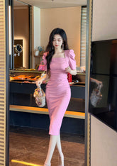 Ruched Puff Sleeves Midi Dress